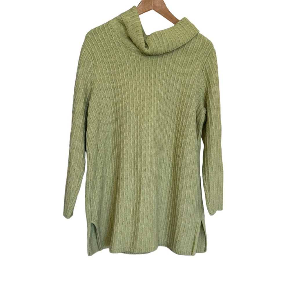 J.Jill Light Green Ribbed Chunky Knit Cotton Turtleneck Sweater Size Large